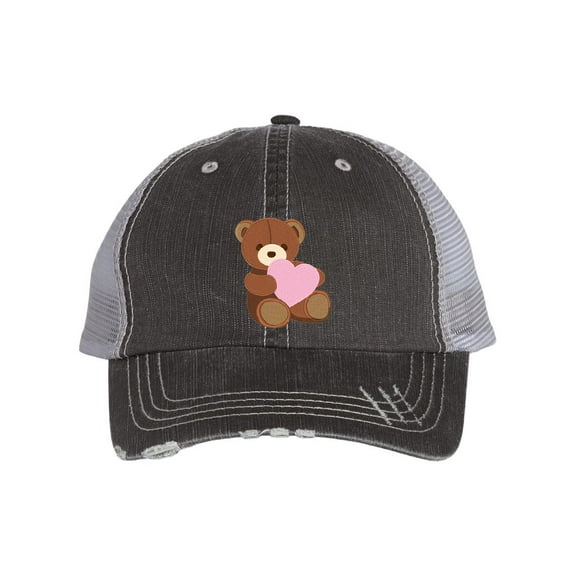 Women's Valentine's Day Embroidered Distressed Trucker Hat, Teddy Bear with Heart, Black