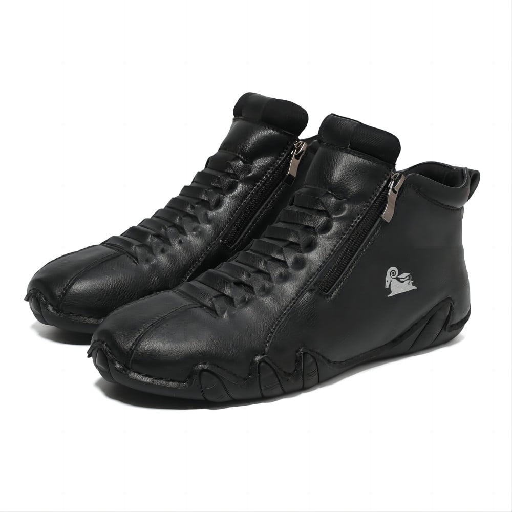 Men's Casual Loafers Leather Hand-stitched Lightweight Non-Slip Breathable Hiking Outdoor Soft Flat Boots Mid-Top Shoes Black 5 US