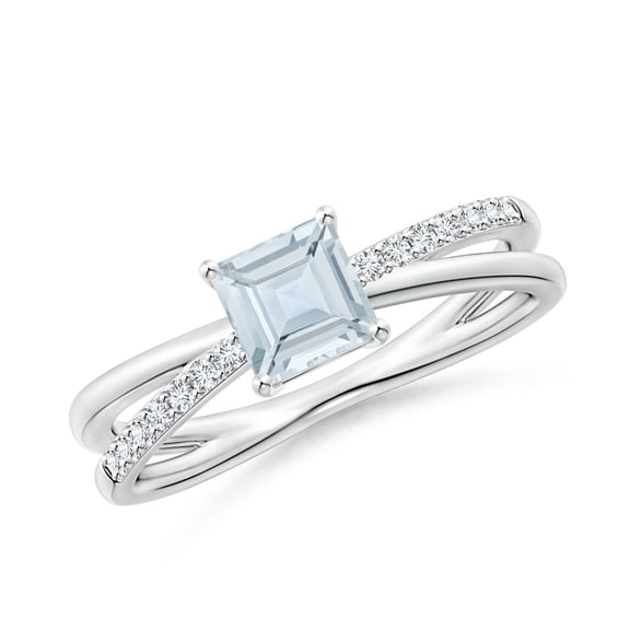 ANGARA Natural Square Aquamarine Crossover Shank Ring with Diamonds in 14K White Gold for Women (Size-5mm) | March Birthstone, Birthday, Anniversary, Jewelry Gift for Women | Natural Aquamarine Ring