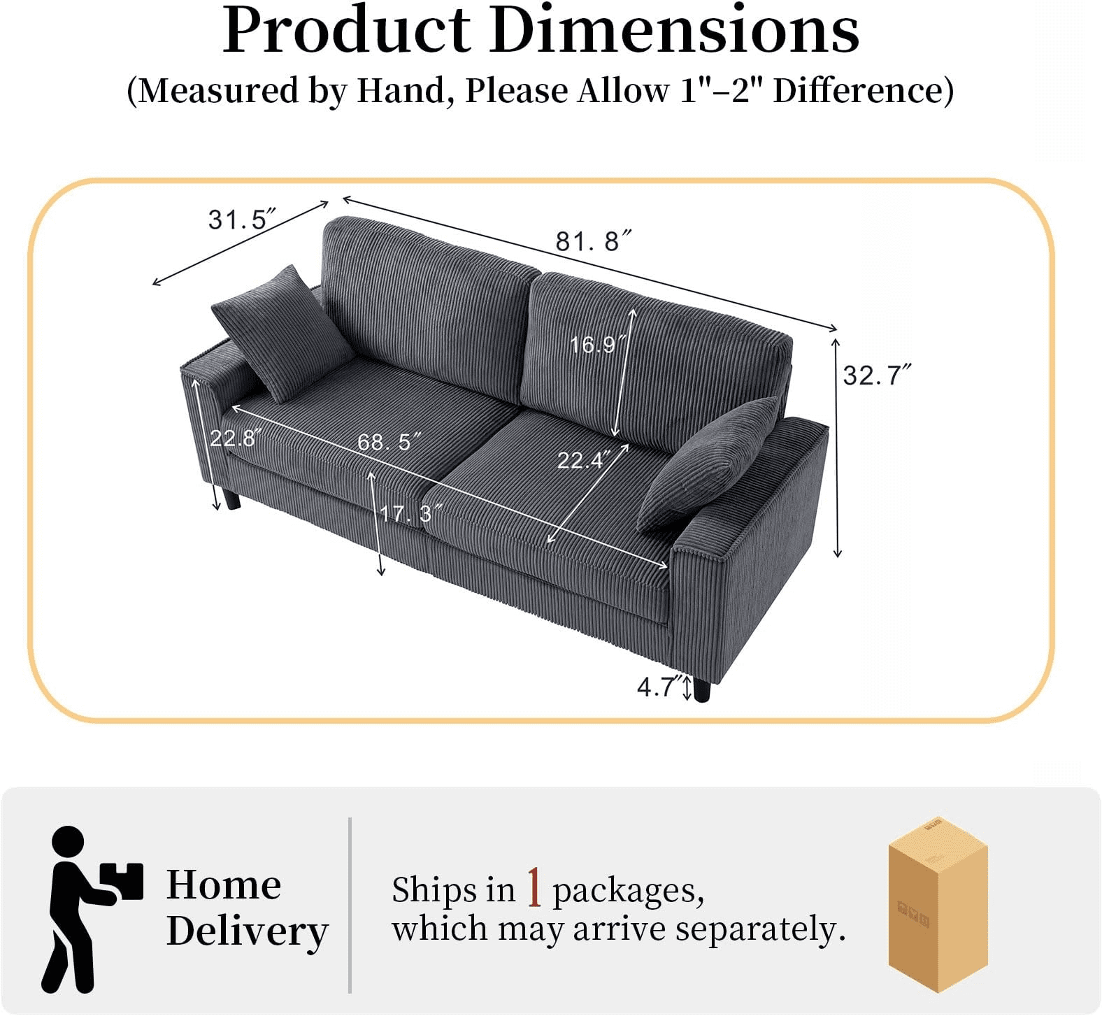 MOONMISS 81.8" Retro Corduroy Loveseat Sofa with Solid Wood Legs, 2-Seater Modern Upholstered Couch for Living Room,Bedroom,Gray