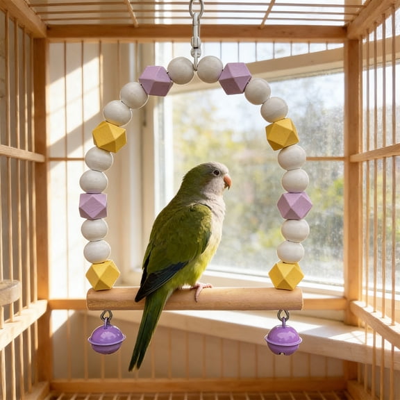 Colorful Wooden Bird Perch Stand with Nail Filing Stone - 3-in-1 Claw Trimming Perch, Swing & Climbing Toy for Parakeets Cockatiels Lovebirds, Safe Small Bird Play Gym