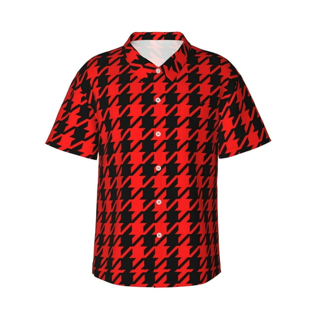 Balery Retro red and Black Houndstooth Camisas hawaianas de manga corta para hombre, camisas playeras de corte holgado, camisas de vacaciones con botones,3X-Large