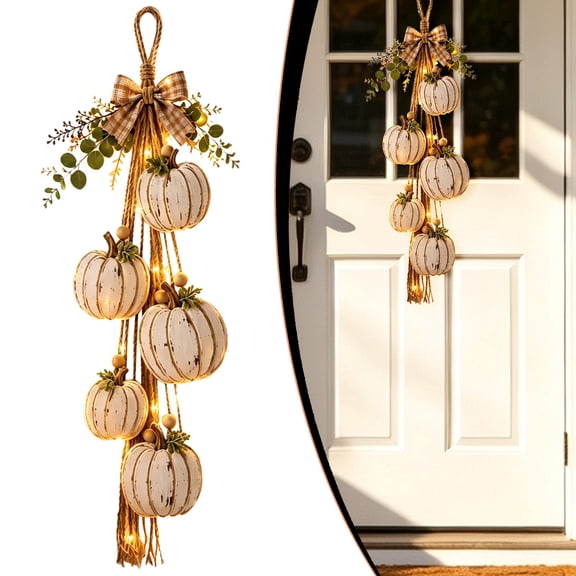 YardChic Rustic White Wooden Pumpkin Door Hanging with LED Lights, Fall Door Hanger, Farmhouse Lighted Fall Door Decor, Glowing Pumpkin Tassel Hanger for Front Porch & Home Autumn Thanksgiving Decor