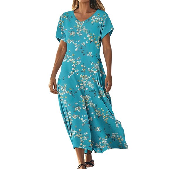 STETMN Women's Casual Boho Dresses Floral Print Short Sleeve Dress Maxi Beach Swing Dress with Pockets