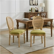 JERFIT French Country Dining Chairs Set of 2, Olive Green Upholstered Side Chairs with Rattan Back & Antique Finish for Kitchen, Dining Room