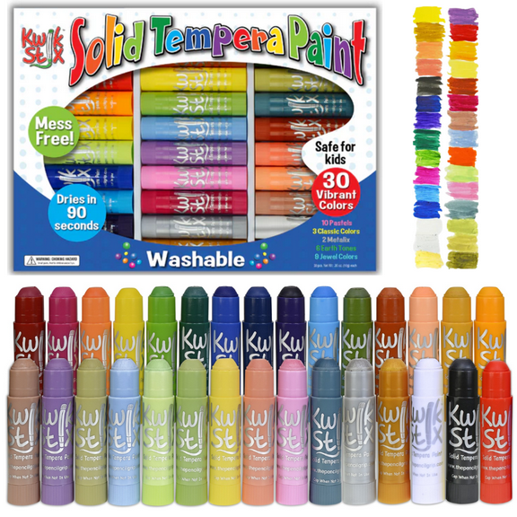 Kwik Stix Solid Tempera Paint Sticks, 30 Count, Washable, Quick-Drying, Non-Toxic, Classic, Pastel, Metallic, Earth, and Jewel Colors