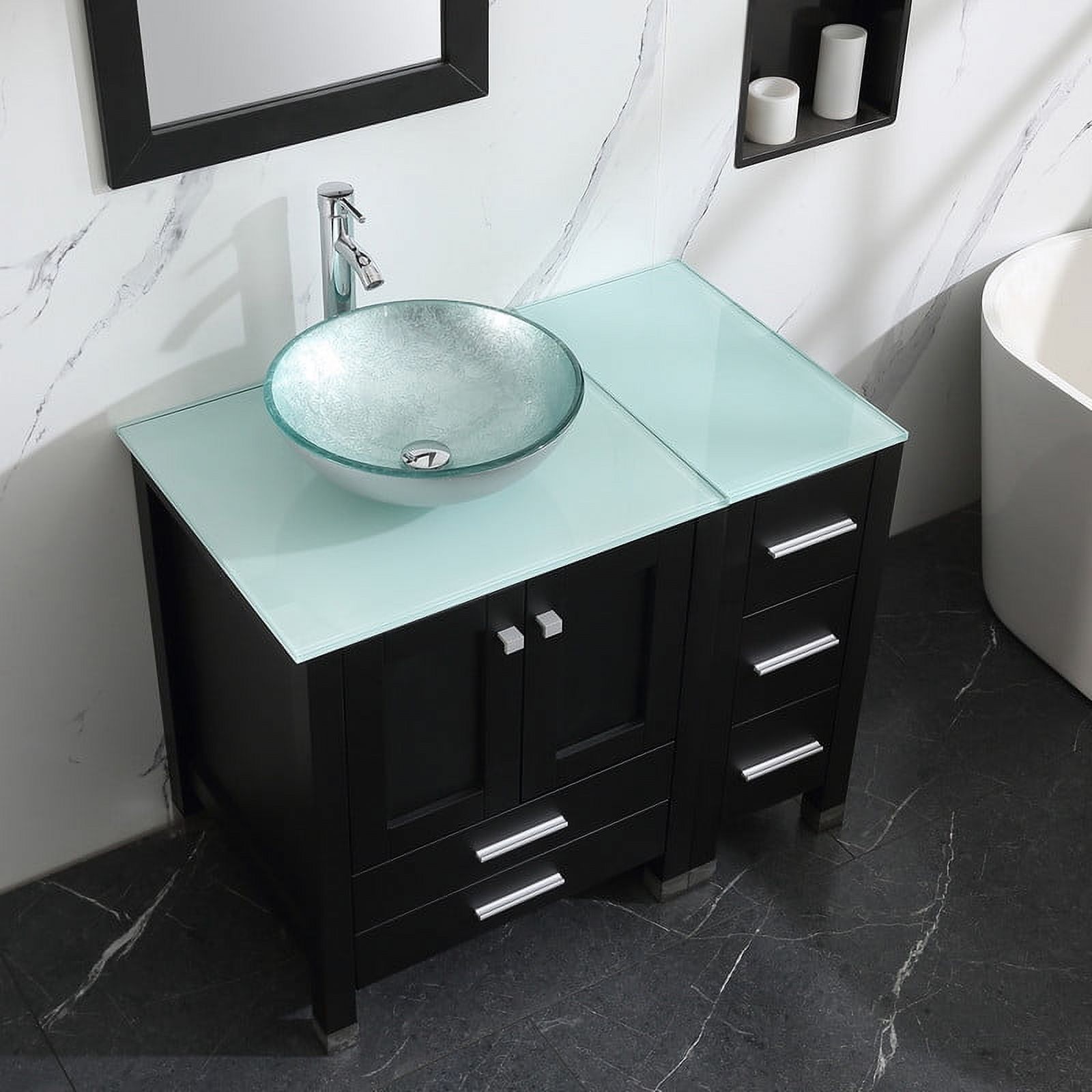 Walsport 36" Luxurious Bathroom Vanity and Sink Combo Cabinet with Silver Glass Vessel Sink and Faucet Pop Up Drain,Black