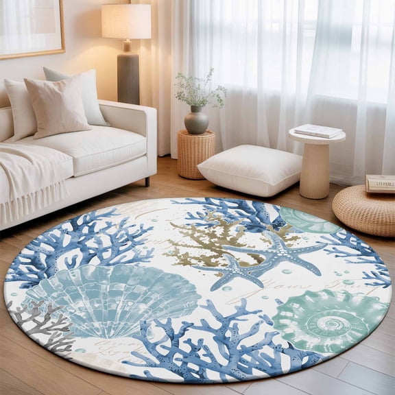 Large Round Rug 8Ft, Blue Teal Coastal Non-Slip Washable Circle Rugs Carpet, Summer Beach Nautical Coral Starfish Indoor Outdoor Rug Floor Mats Throw Runner for Bedroom Living Room Bathroom