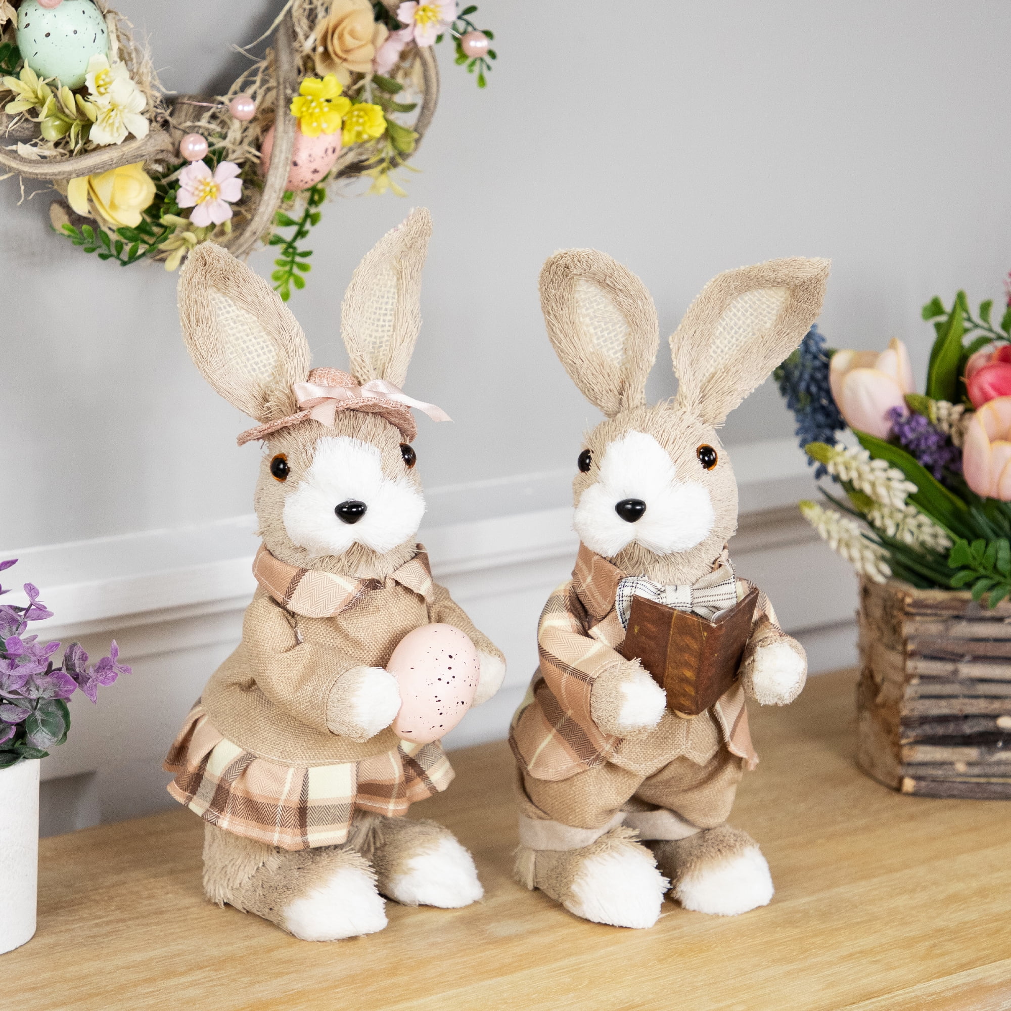 Northlight Boy Easter Rabbit Figurine with Plaid Jacket - 12" - Beige