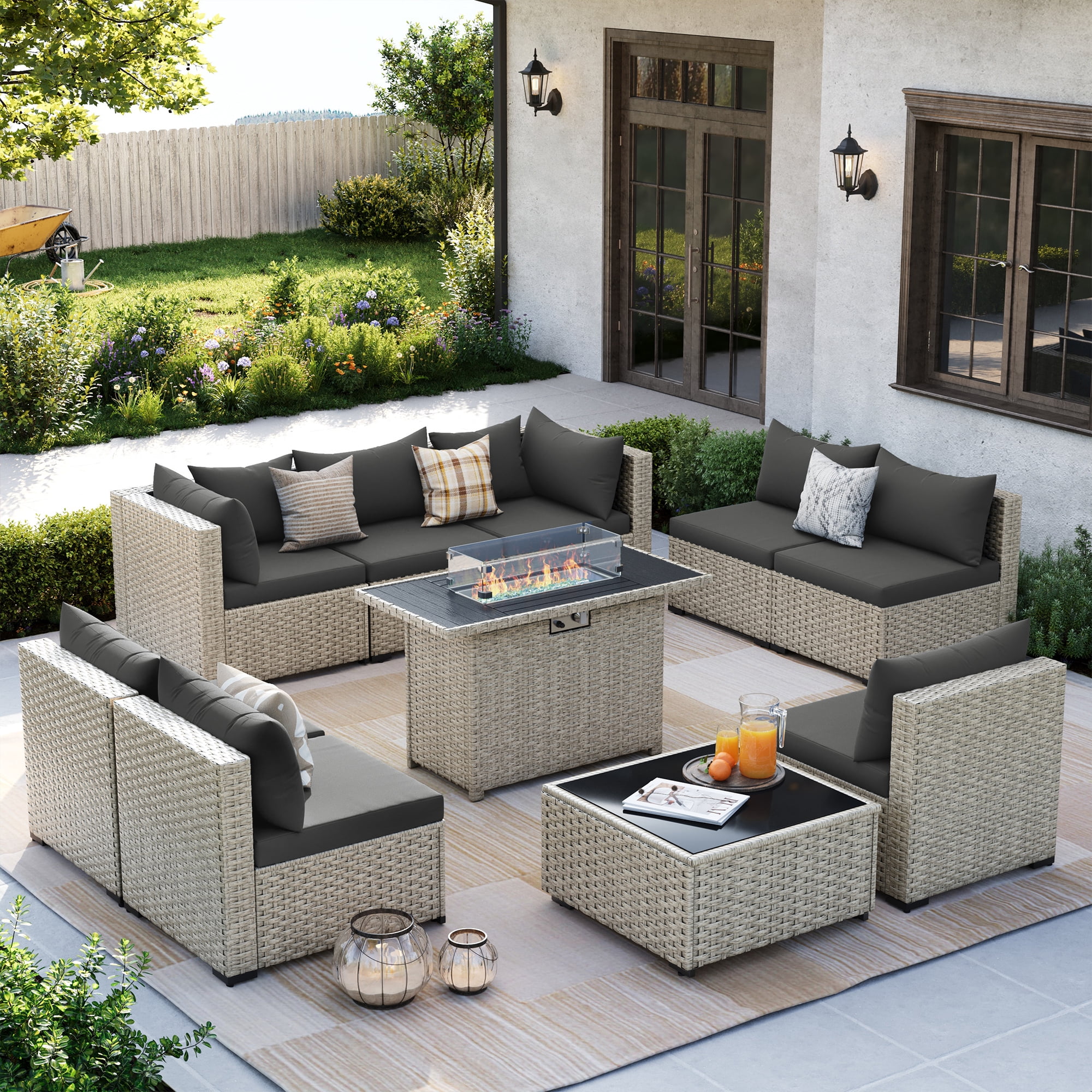 MRUAKA Outdoor Patio Furniture Set, 10-Piece Modular Sectional Sofa With Gas stove, PE Wicker Outdoor Conversation Set for Patio, Garden, Backyard, Gray