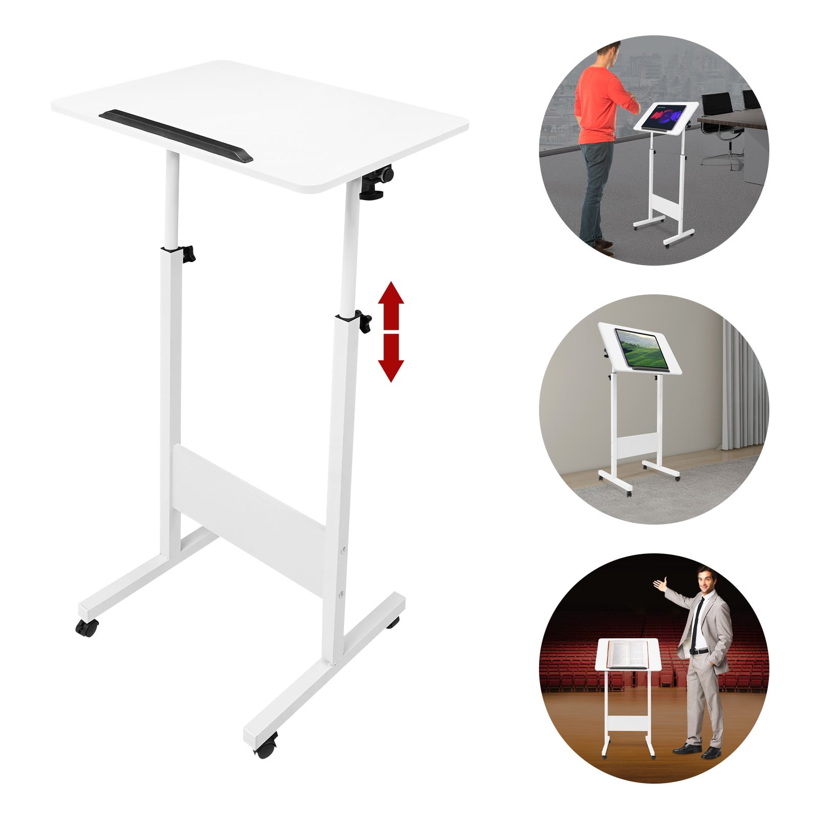 ToppiJoy Portable Adjustable Podium Stand with 4 Wheels Laptop Desk Standing Desk White