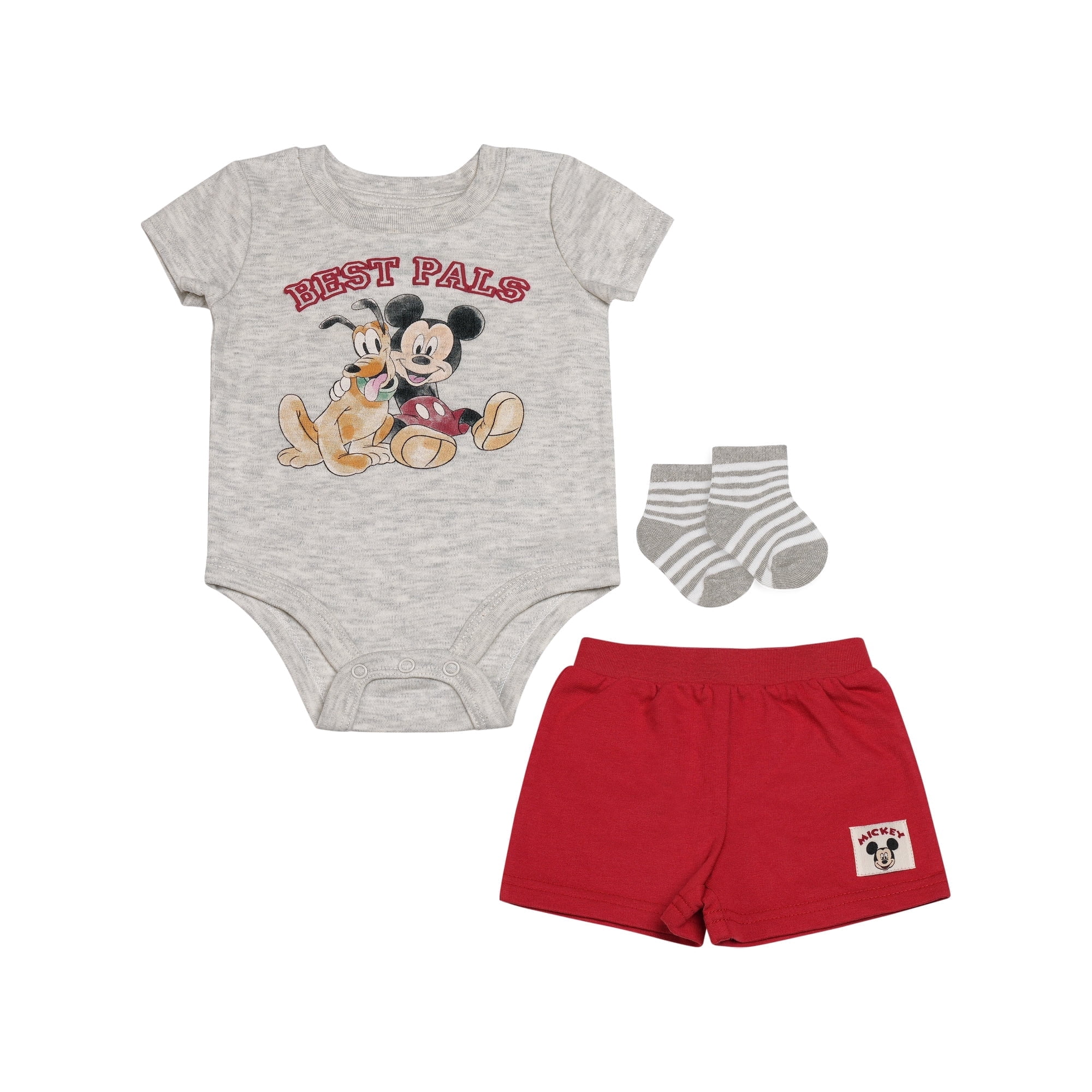 Disney Clothes Baby Boys 3-Piece Outfit Set – Mickey Mouse Bodysuit, Shorts & Socks – Soft Cotton Newborn Infant Gift White/Red 0/3M