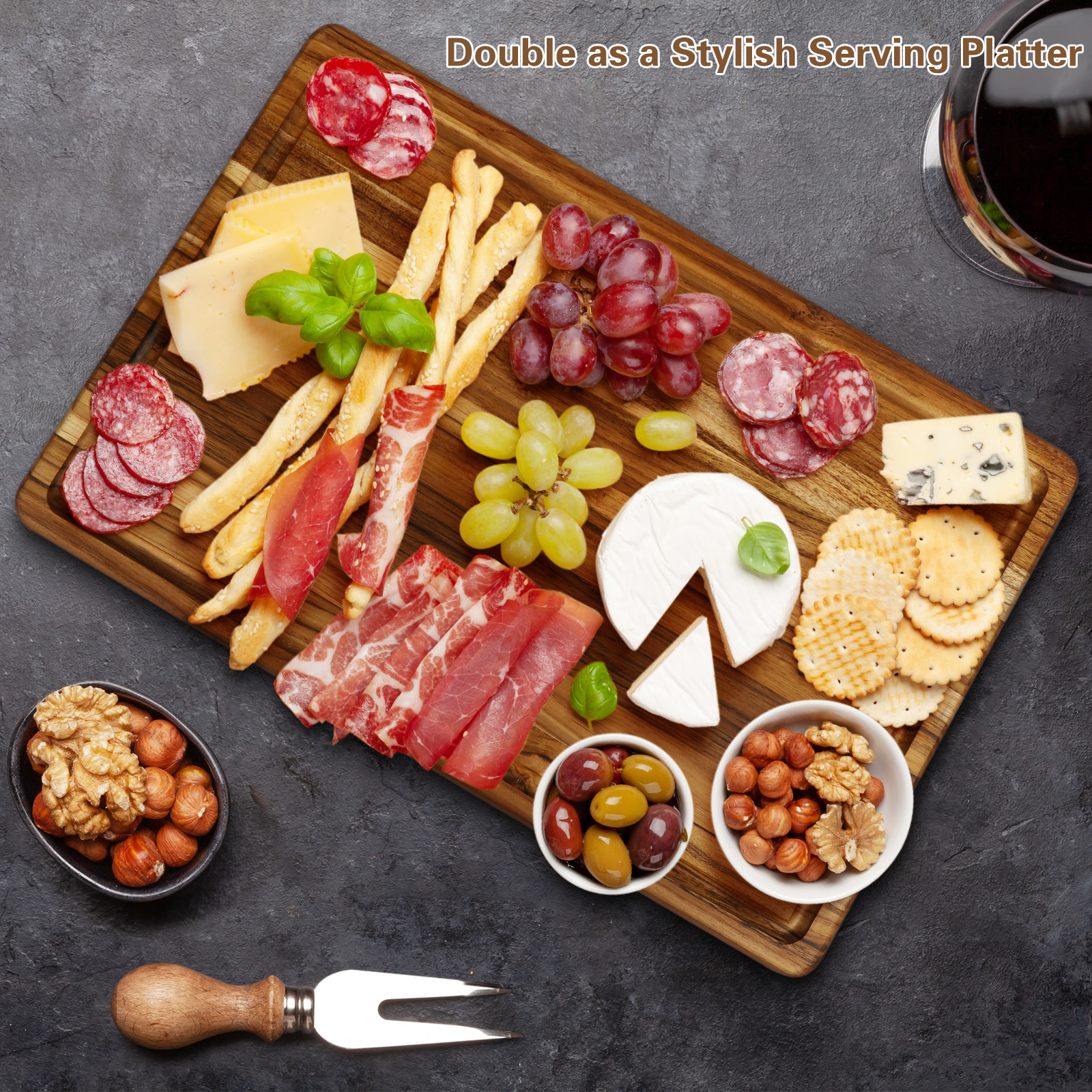 Large Teak Wood Cutting Board for Kitchen with Juice Groove, Reversible Charcuterie Serving Board Chopping Board
