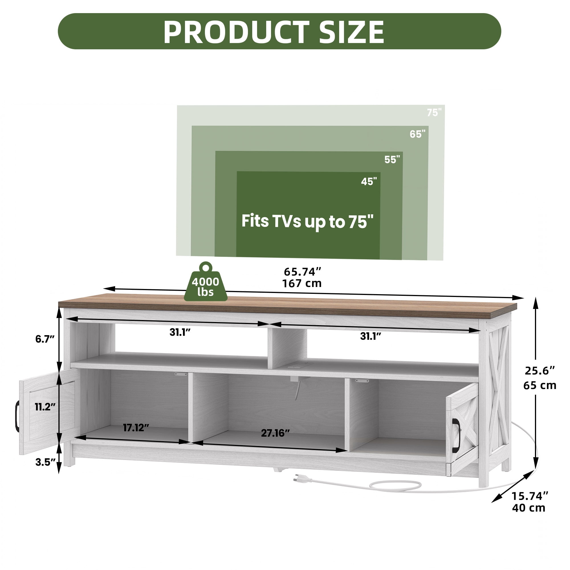 Uforic 65 Inch Farmhouse TV Stand Fits 70/75 Inch Flat Screen TV with RGB Ambient Light, Cable Holes, Built-in Power Station & Multi Storage Space for Living Room, Beige+White