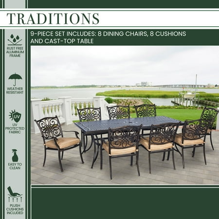 Hanover Traditions 9-Piece Aluminum Outdoor Patio Dining Set with Rectangular Dining Table, Seats 8