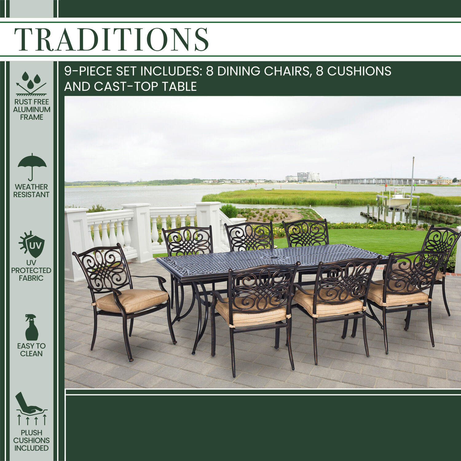 Hanover Traditions 9-Piece Aluminum Outdoor Dining Set, Natural Oat - image 16 of 17