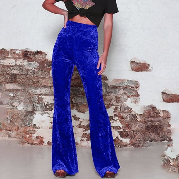 Dasayo Flare-Leg Women's Pants Blue Velvet High Waist Flat Front Trousers Stretch Solid Flare Pants Womens Sweatpants L