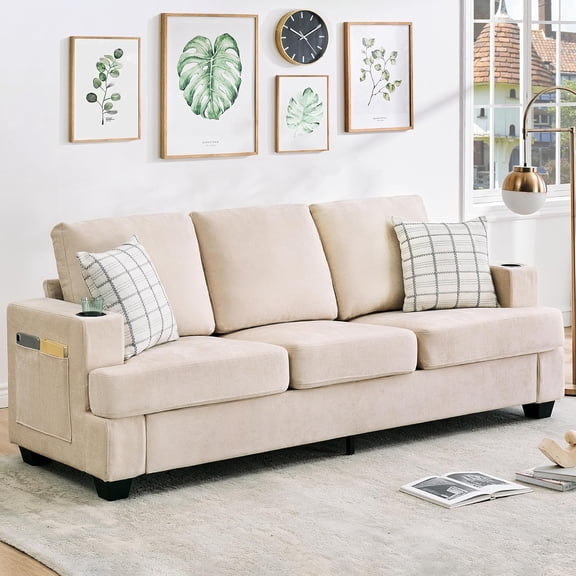 EastVita Modern 3-Seater Sofa for Living Room Comfy with Deep Seat Chenille with Cup Holders and Side Storage Pockets Beige