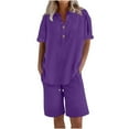thumbnail image 2 of UVEASISHA Womens 2 Piece Linen Set Summer Casual Beach Outfits Short Sleeve Henley Shirt and Wide Leg Shorts Sets Purple XXXXL, 2 of 6