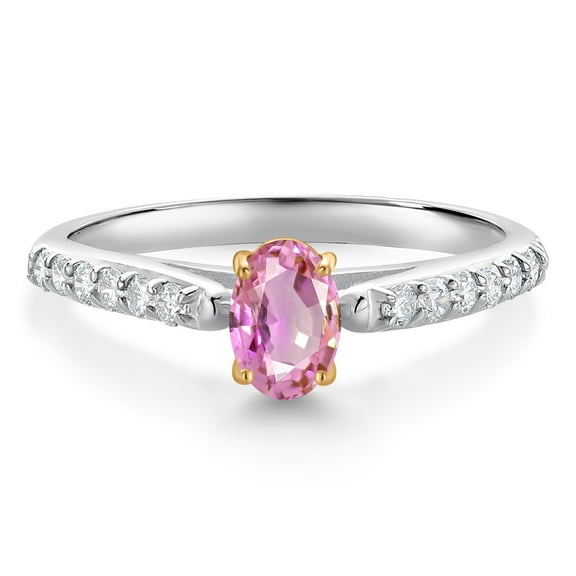 Gem Stone King 10K White and Yellow Gold Pink Sapphire and White Lab Grown Diamond Engagement Ring for Women (0.78 Cttw, Oval 6X4MM, Gemstone September Birthstone, Size 7)