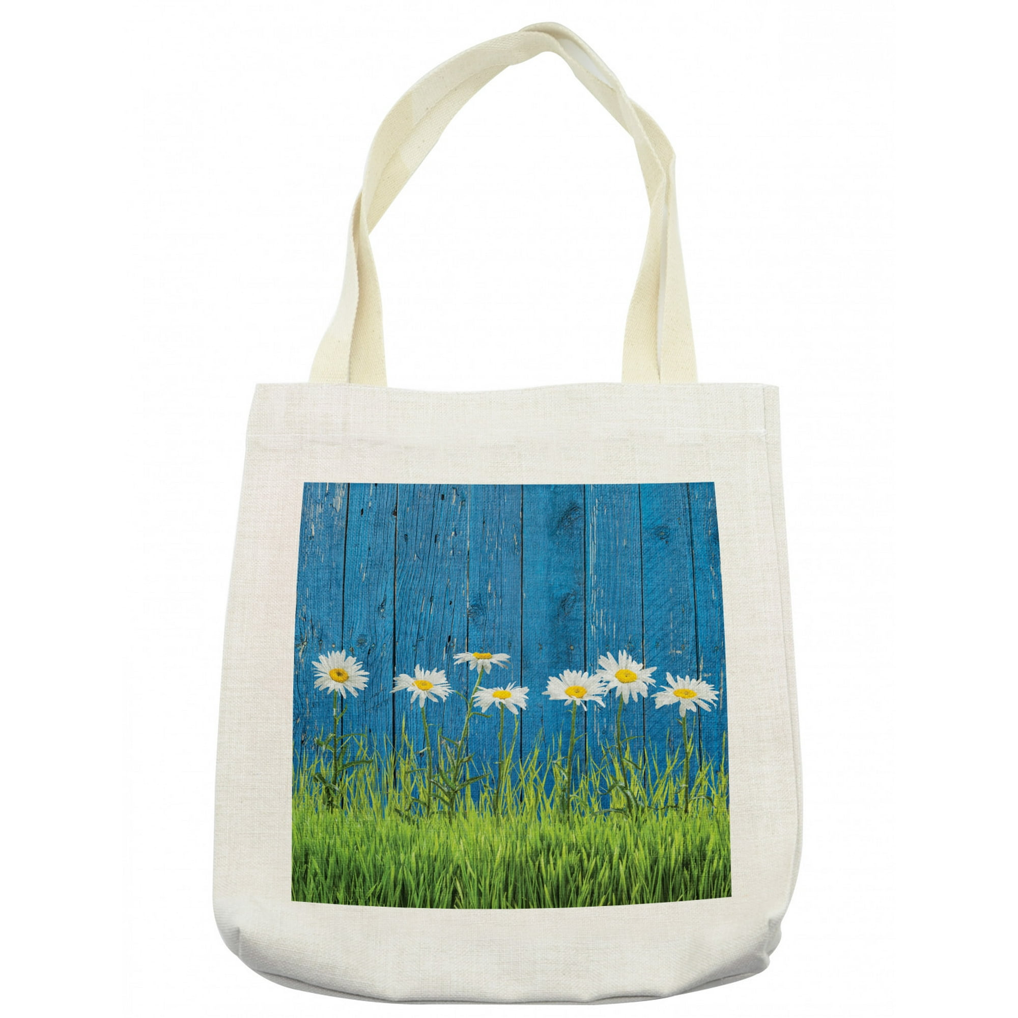 Flower Tote Bag, Fresh Springtime Grass and Daisy on Fence Summer Simple Vintage Style Print, Cloth Linen Reusable Bag for Shopping Books Beach and