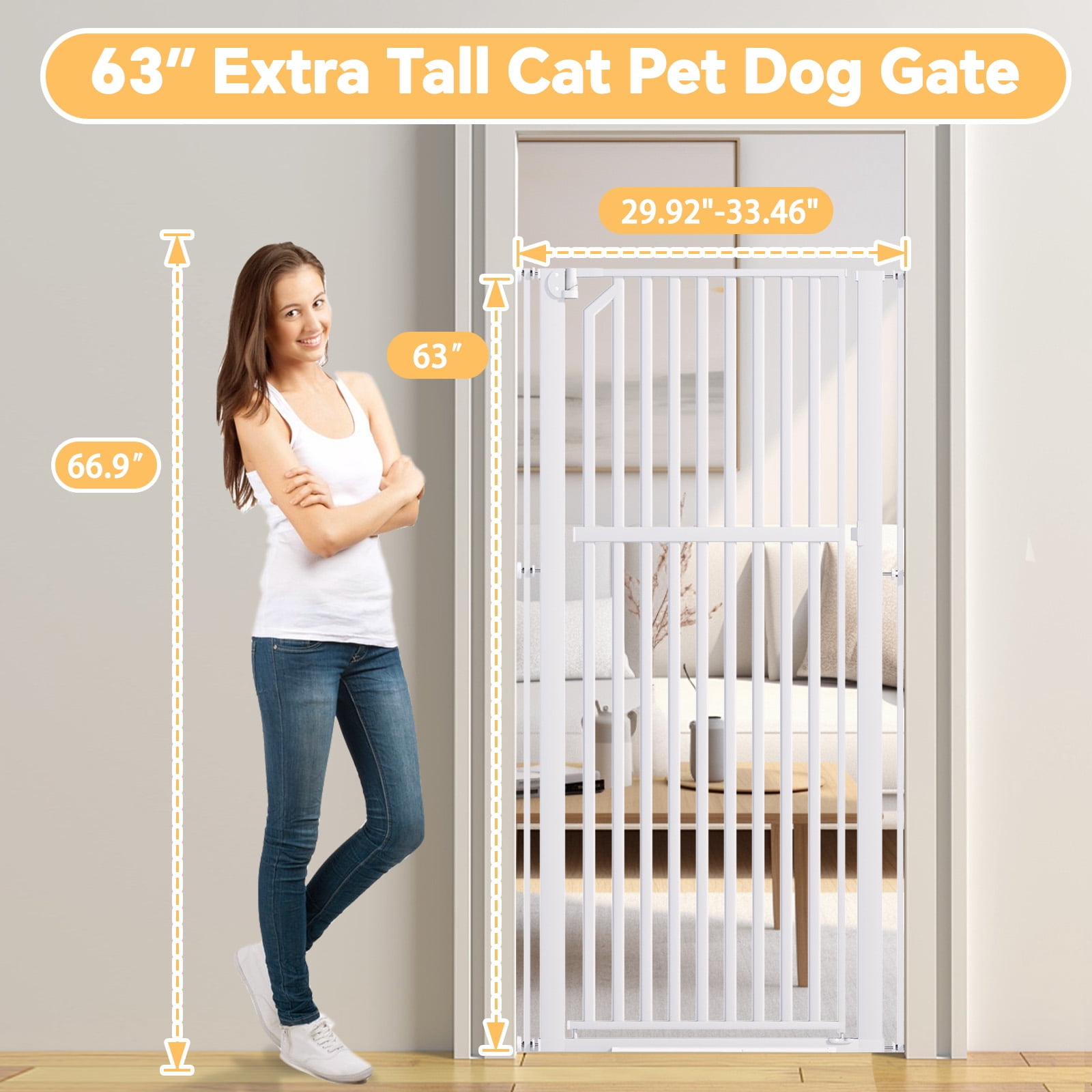 YUFU 63" Extra Tall Pet Door for Door Way, 30"-33"/30"-37" Adjustable Wide One-Handed Operation Tall Pet Gate for Dogs Cats, 30"-33" White