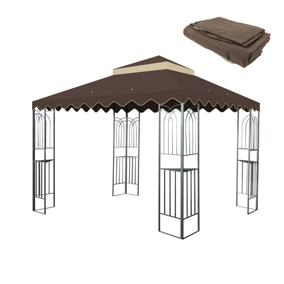 CoSoTower 10X10 Ft Outdoor Patio Gazebo Replacement Canopy,Double Tiered Gazebo Tent Roof Top Cover Only Wavy Border(Frame Not Include)-Brown