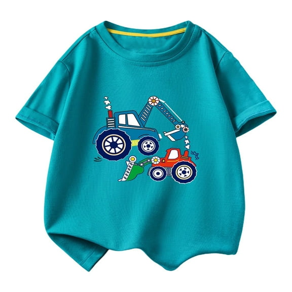 Lovzfmll Little Boy's T-Shirts, Excavator Print Short Sleeve Tee, Casual Loose Fit Pullover Graphic Tees for 11-12 Years