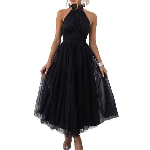 Black Halter Neck Tulle High Waist A-Line Midi Dress With Backless Detail