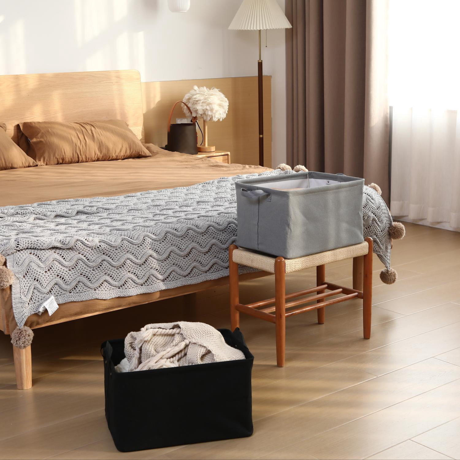 Sea Team 2-Pack Large Canvas Storage Bins for Shelves with Metal Frame, Rectangle Storage Baskets, Closet Organizers, Foldable Laundry Hampers, Containers for Clothing, Blankets, Toys, Black
