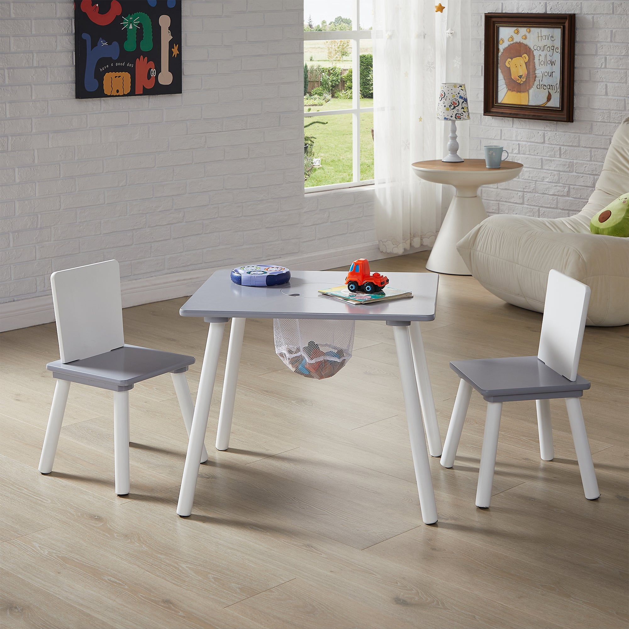 VECELO Kids Table and Chair Set with Storage, Toddler Study Table and Chair for Age 2-8, Small Childrens Activity Table with 2 Seats for Daycare, Classroom, Home, White + Grey