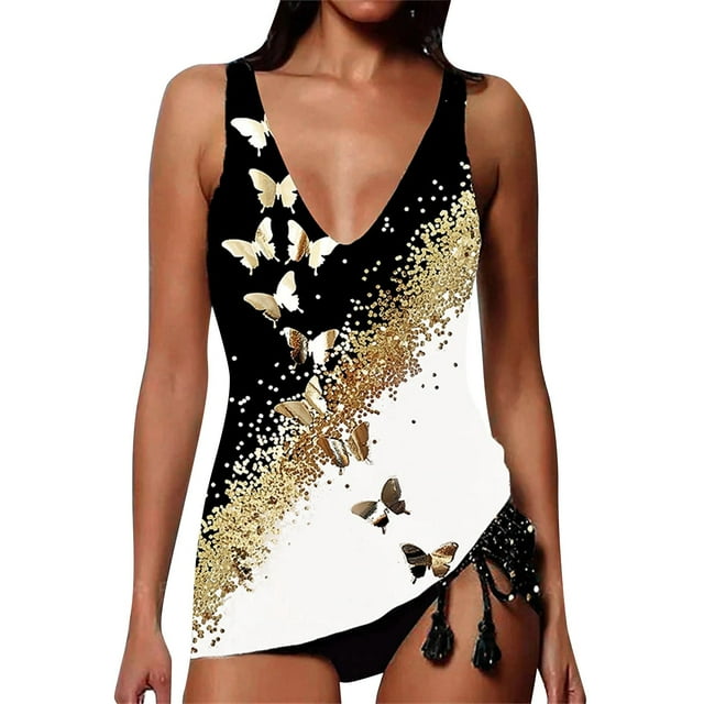 Women Swimsuits Trendy Print Plus Size Deep V-Neck Tankini Set White Bathing Suits for Women XXL