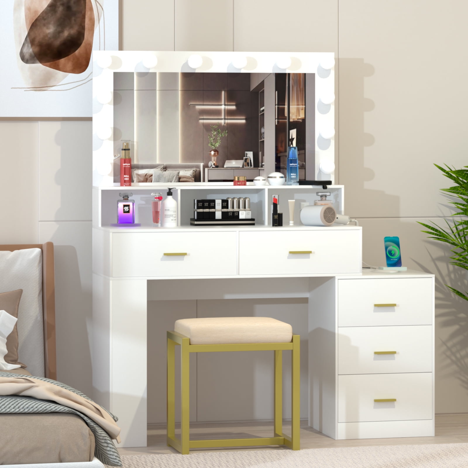 PAKASEPT Vanity Set with Lighted Mirror, Modern Makeup Vanity Dressing 