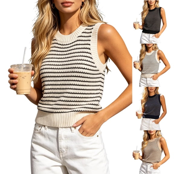 Brqkzdu Women's Sweater Vest Loose Fit High Neck Stripe Sleeveless Knit Shirts Summer Casual Lightweight Business Work Tanks