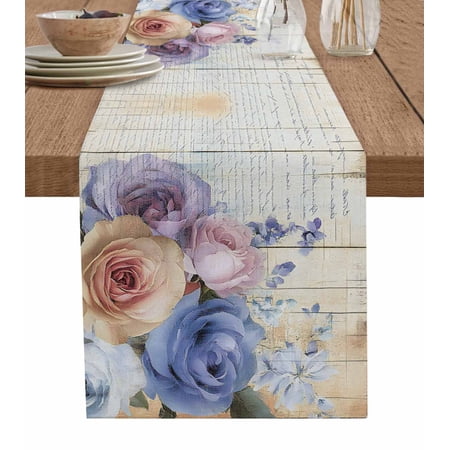 Purple Pink Roses Table Runner 60 Inches Vintage Botanical Floral Wooden Bed Runner Dresser Scarves Tabletop for Indoor Outdoor Parties/Ceremony/Banquet 13 x 60