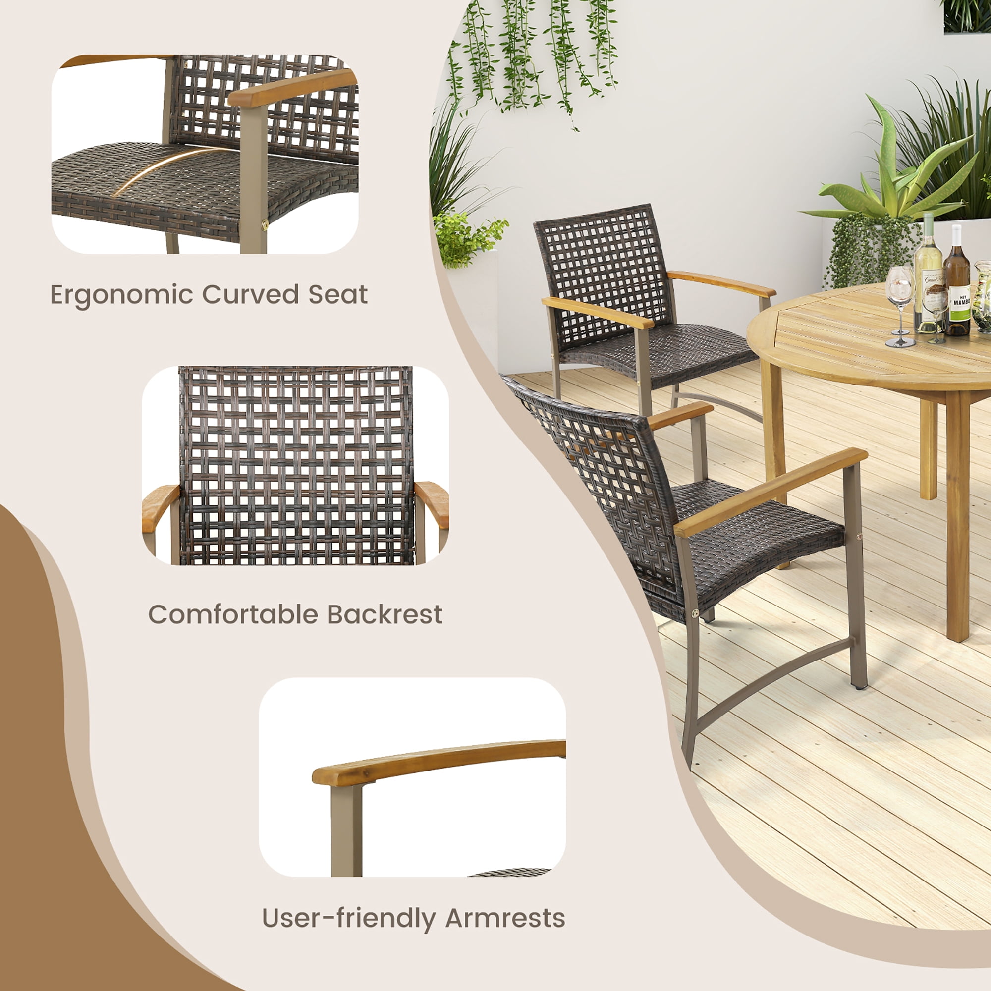 Gymax Outdoor Rattan Chair Set of 4 Patio PE Wicker Dining Chairs w/ Acacia Wood Armrests Balcony Poolside
