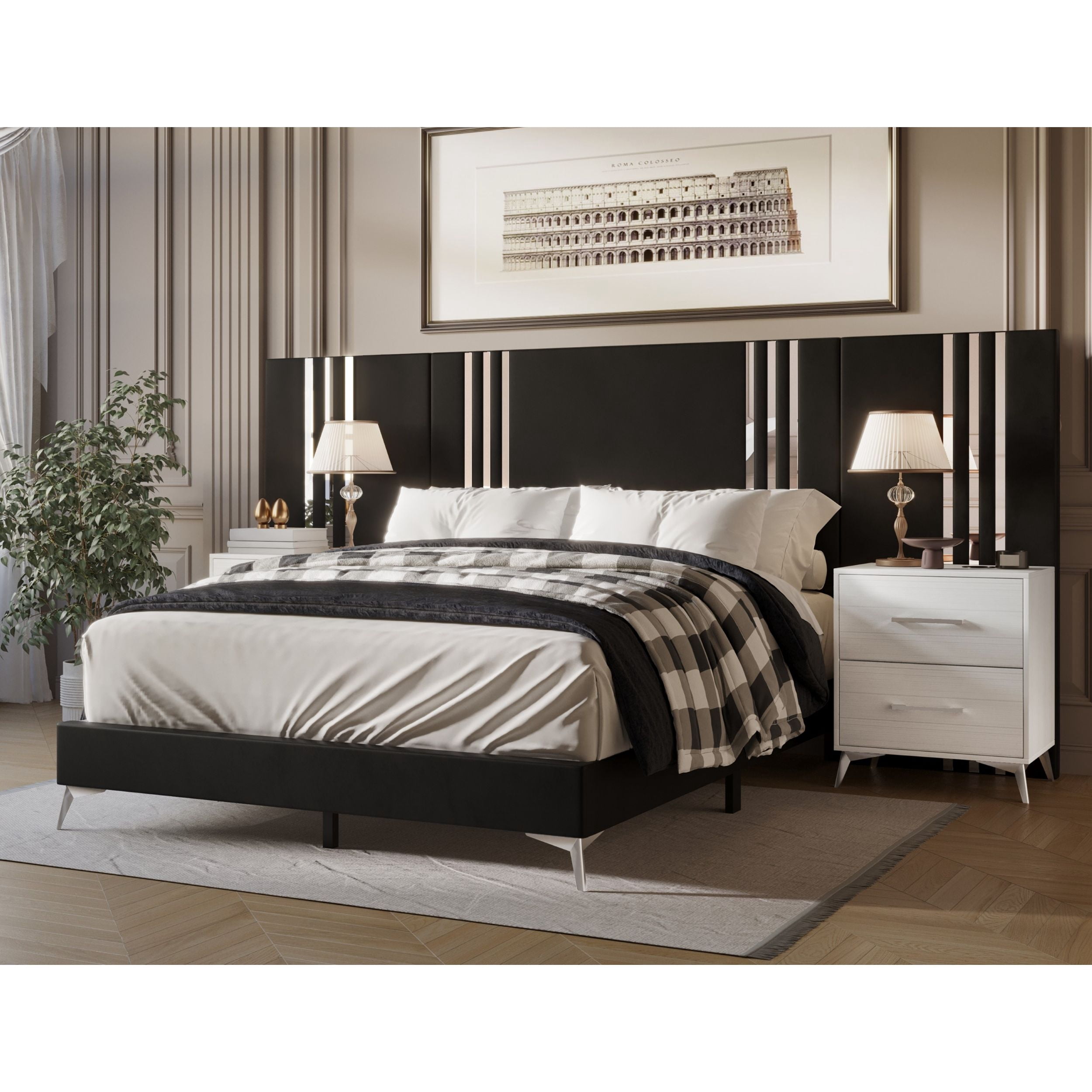 Home Design Laytec King Velvet Upholstered Platform Bed Frame with Rectangular Headboard and Wall Panels, Black, Easy Assembly