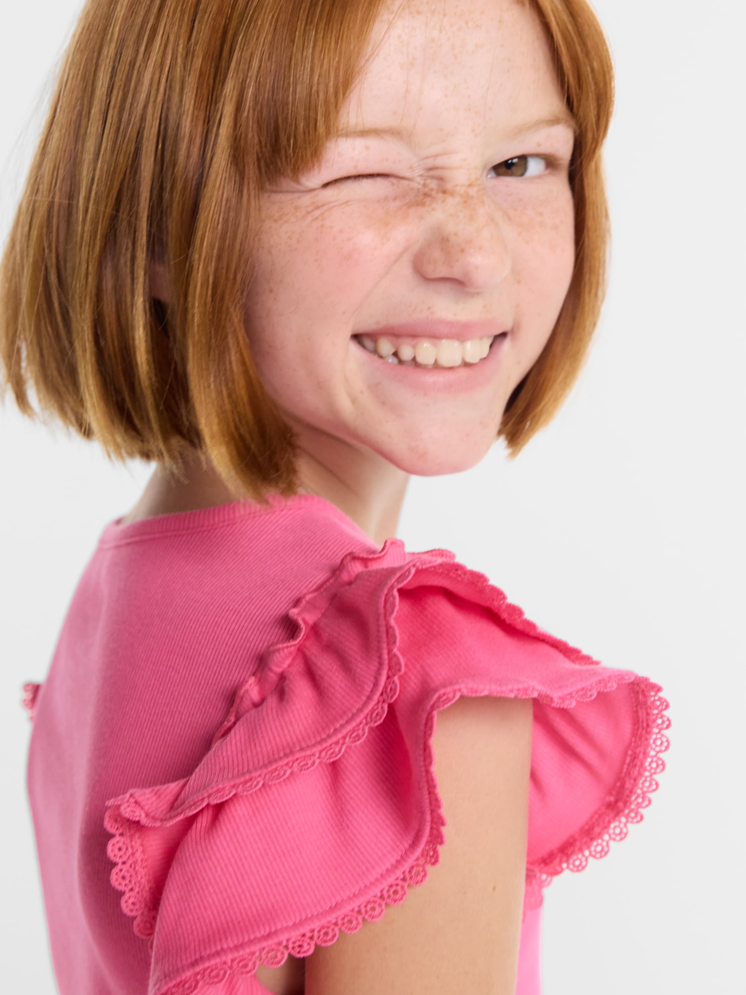 Wonder Nation Girls' Ribbed Top with Short Ruffle Sleeves, Sizes 4-18 & Plus