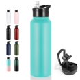 thumbnail image 1 of VEGOND 40 oz Insulated Water Bottle Stainless Steel Metal Water Bottles with Leak Proof Straw Lid & Spout Lid, Wide Mouth Double Walled Vacuum Travel Sports Bottle, Mint Green, 1 of 7