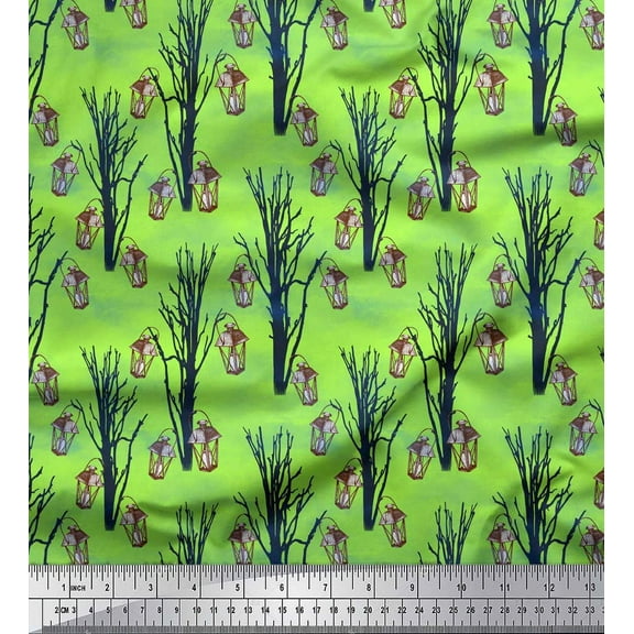 Soimoi Green Cotton Voile Fabric Dry Tree & Lantern Halloween Print Fabric by the Yard 42 Inch Wide