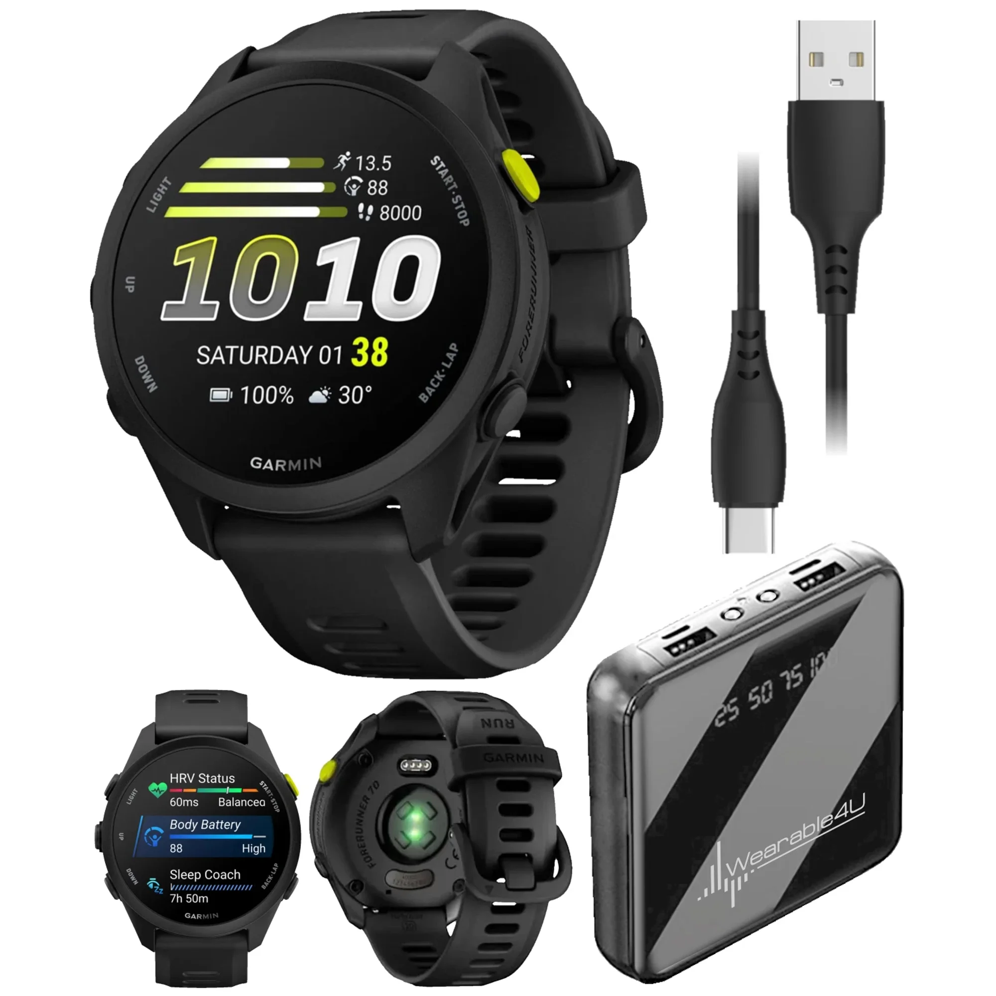 Garmin Forerunner 70 Easy-to-Use GPS Running Smartwatch, Advanced Training Metrics and Recovery Insights, Up to 13 Days of Battery Life, Black with Wearable4U PowerBank Bundle