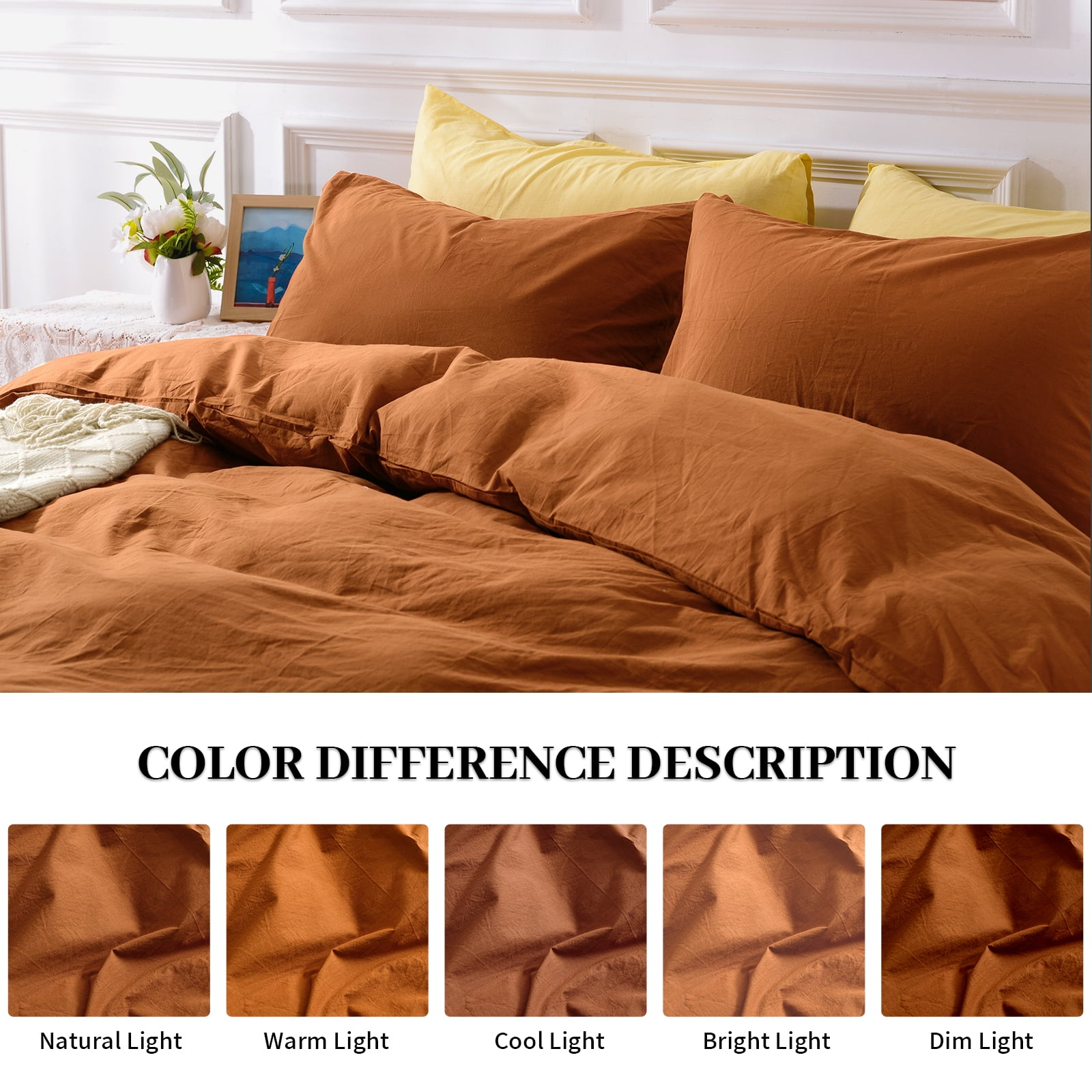 NEXHOME PRO Duvet Cover Set 100% Washed Cotton 3 Pieces Linen Breathable Soft Durable Duvet Cover Bedding Set with Zipper Closure, Full Size Burnt Orange (Comforter Not Included)