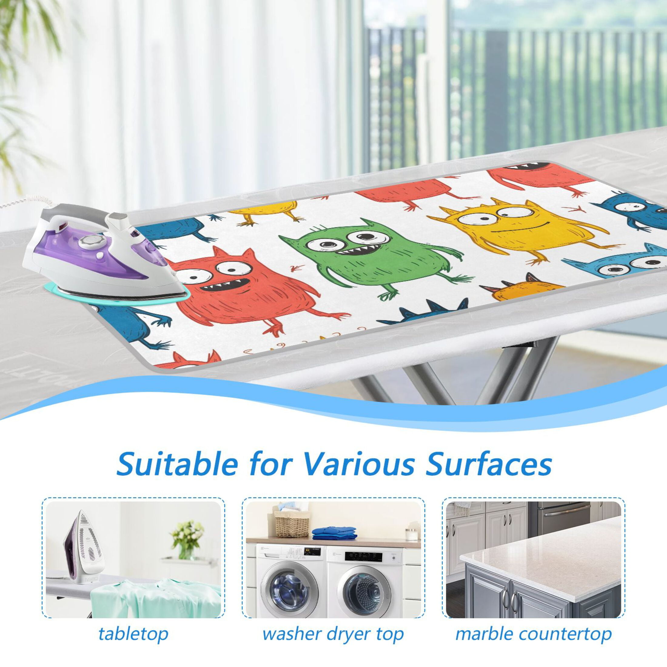 Little Monster Cartoon Doodle White Background Ironing Mat Blanket for Table Top Travel Portable Ironing Board Pad 47.2x27.6 Inch