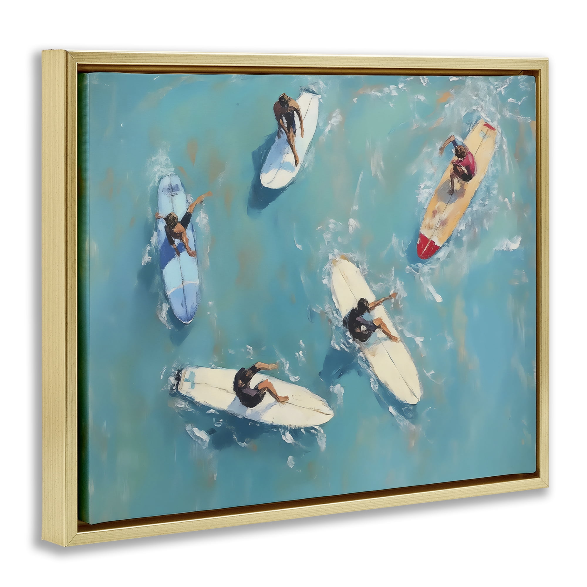 Stupell Industries Group of Surfers at Sea Gold Framed Floater Canvas Wall Art, design by LSR Design Studio