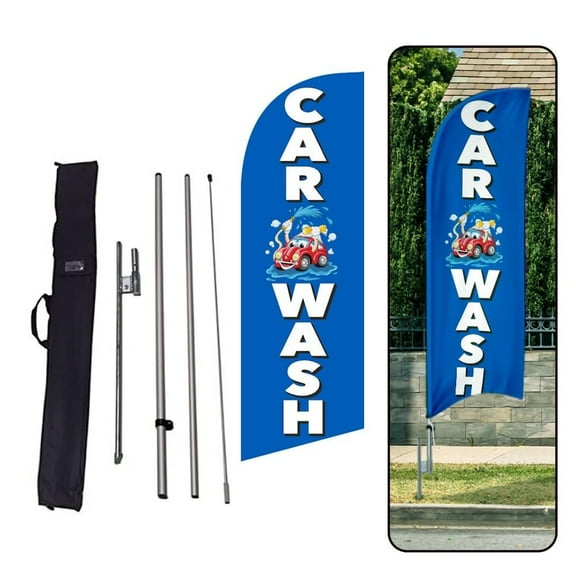 Car Wash Blue windless Feather Flag 6FT Advertising banner with Complete 8FT pole kit with Ground Spike and Travel Bag