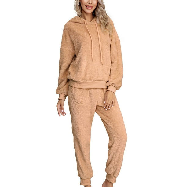 Fashnice Ladies Sleepwear Fuzzy Fleece Nightwear Elastic Waist Pajamas Sets  Casual Winter Warm Lounge Set Camel S 