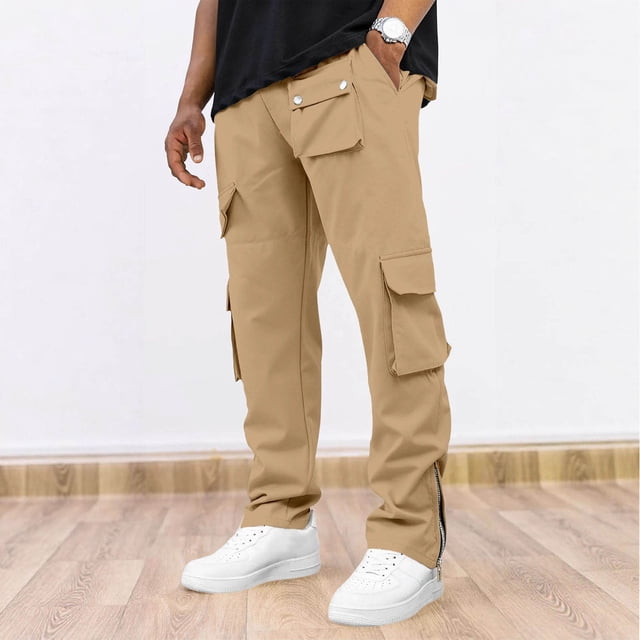 Ceisia Men Solid Color Fleece Multi Pocket Work Pants Loose Drawstring Gift Elastic Cuff Trousers