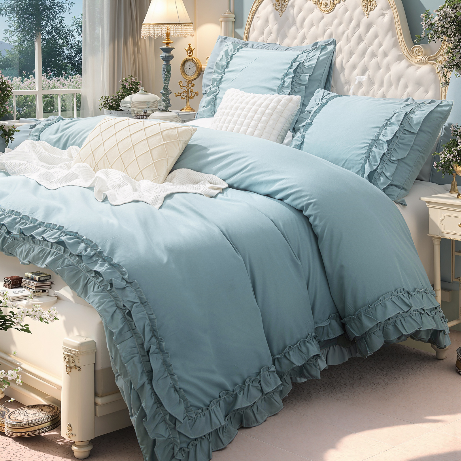 Boho Ruffled Comforter Set Super Soft Cozy Bedding Set with Pillowcases Elegant Chic Bedroom Decor Rustic Farmhouse Quilt Comforter 3 Pcs Set