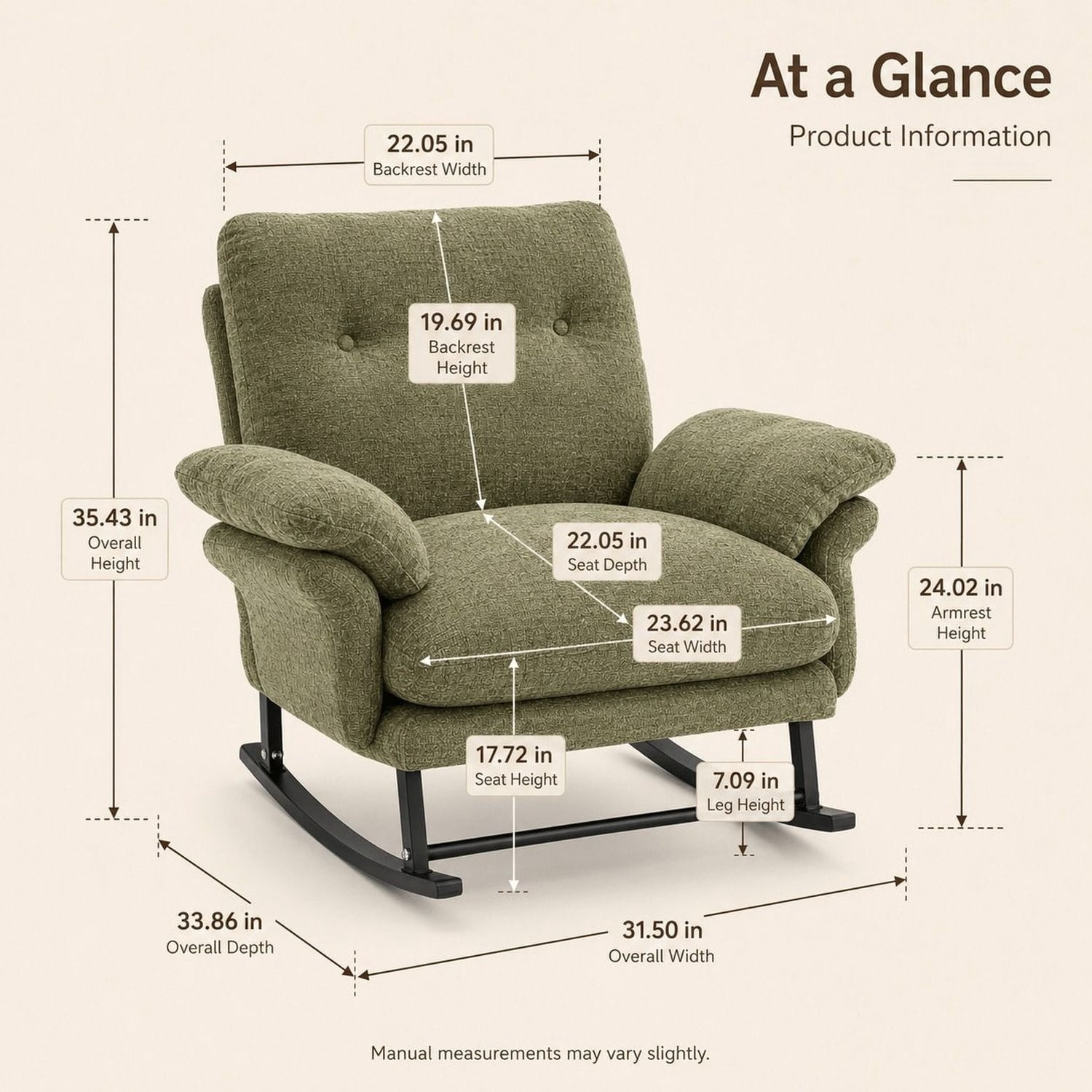 Papasan Rocking Chair with Thickened Cushion, Solid Wood Curved Rocking Base, Soft Corduroy Upholstery, Padded Armrests, Reading Lounge for Living Room, Bedroom, Nursery, Porch