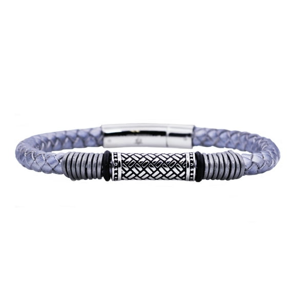 Arista Men's Rope Design Bracelet in Grey Leather Solid Stainless Steel, 8.5"